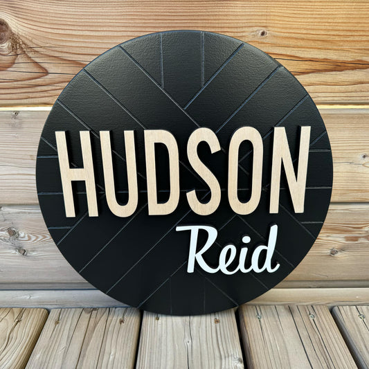 Chevron Crosshatch | Custom Nursery Name Round Wood Sign