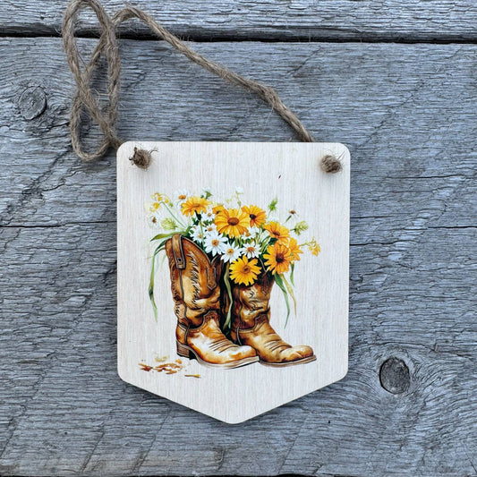 Cowboy Boot With Daisies | Mini Pendant Sign