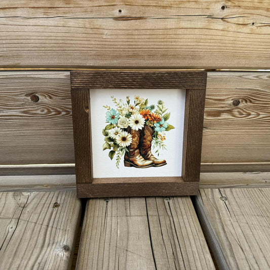 Cowboy Boot With Flowers Mini | Wood Sign