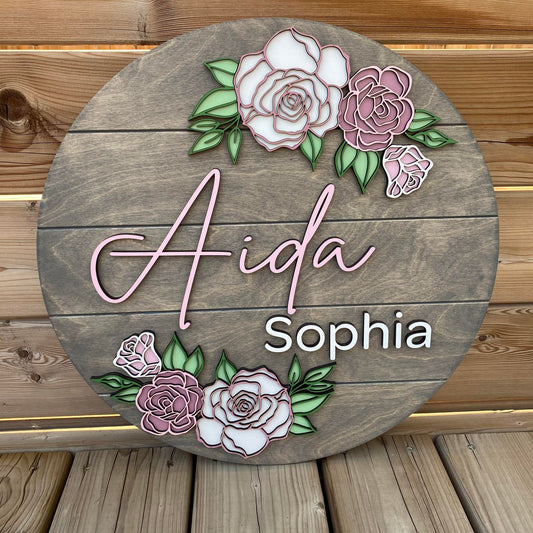 Flowers | Custom Nursery Name Round Wood Sign