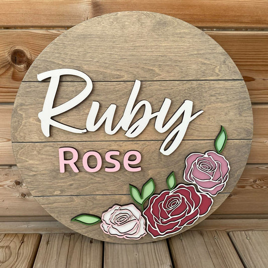 Roses | Custom Nursery Name Round Wood Sign
