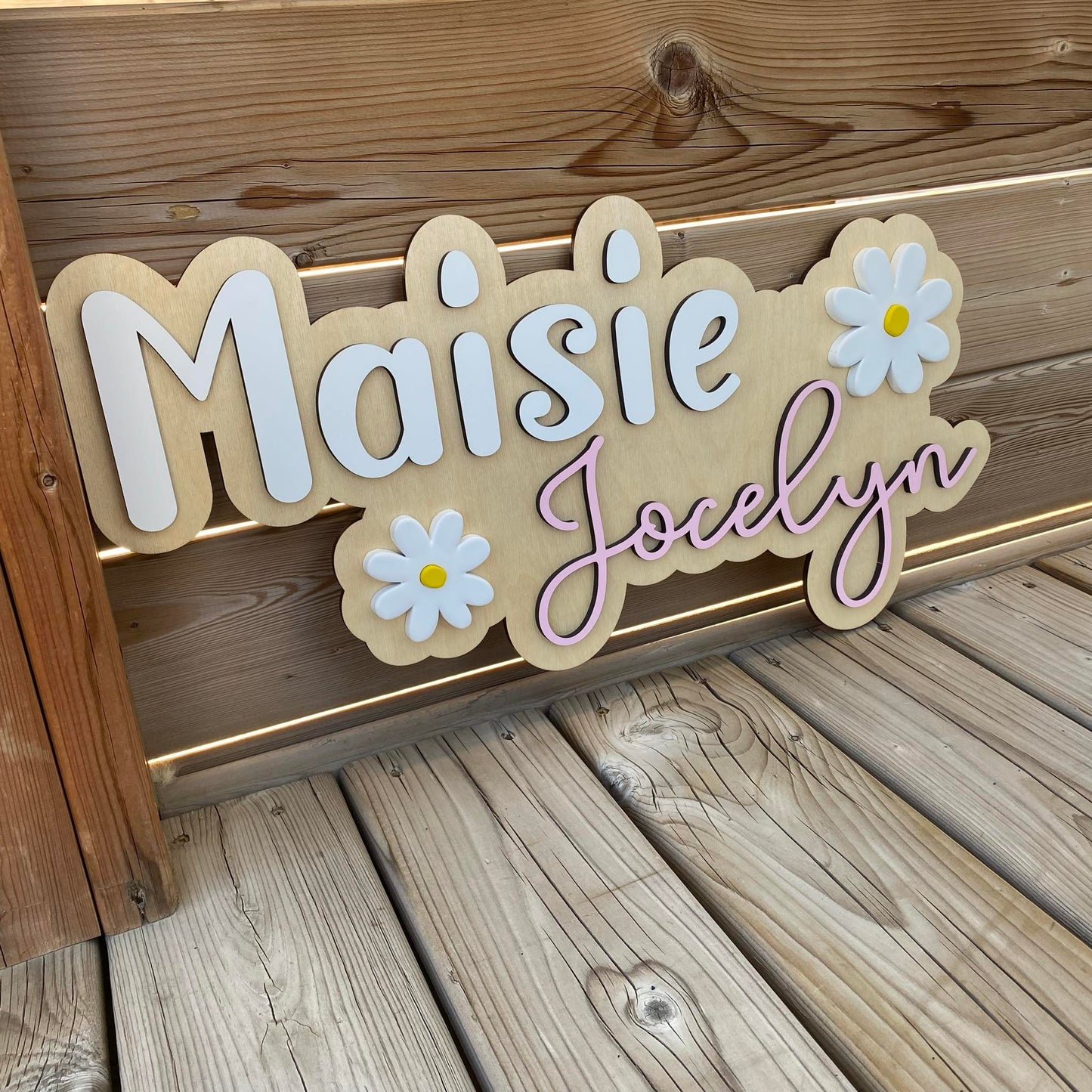 First & Middle Name Offset with Daisies | Custom Nursery Name Wood Sign