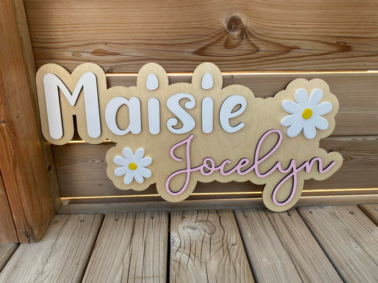First & Middle Name Offset with Daisies | Custom Nursery Name Wood Sign