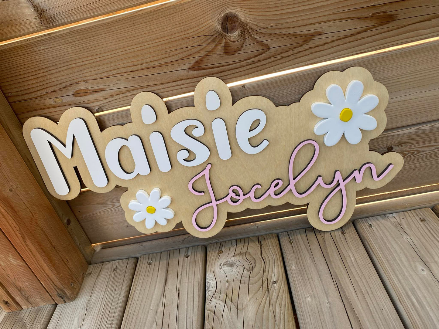 First & Middle Name Offset with Daisies | Custom Nursery Name Wood Sign