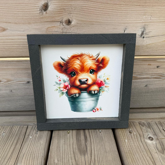 Highland Calf In Bucket | Wood Sign