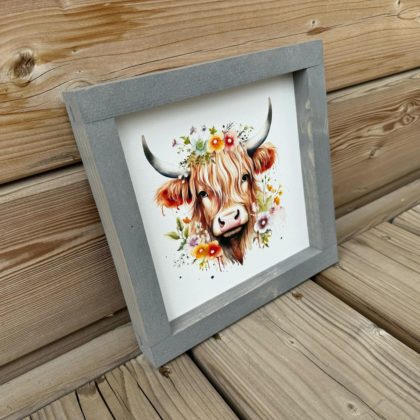 Highland Cow With Flowers | Wood Sign