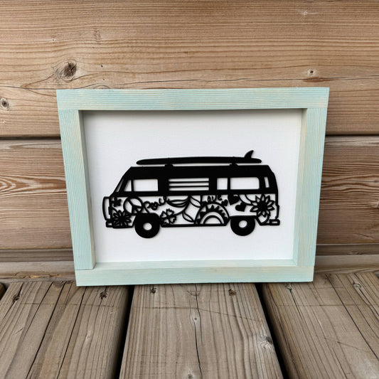 Hippie Bus With Surfboard | Wood Sign