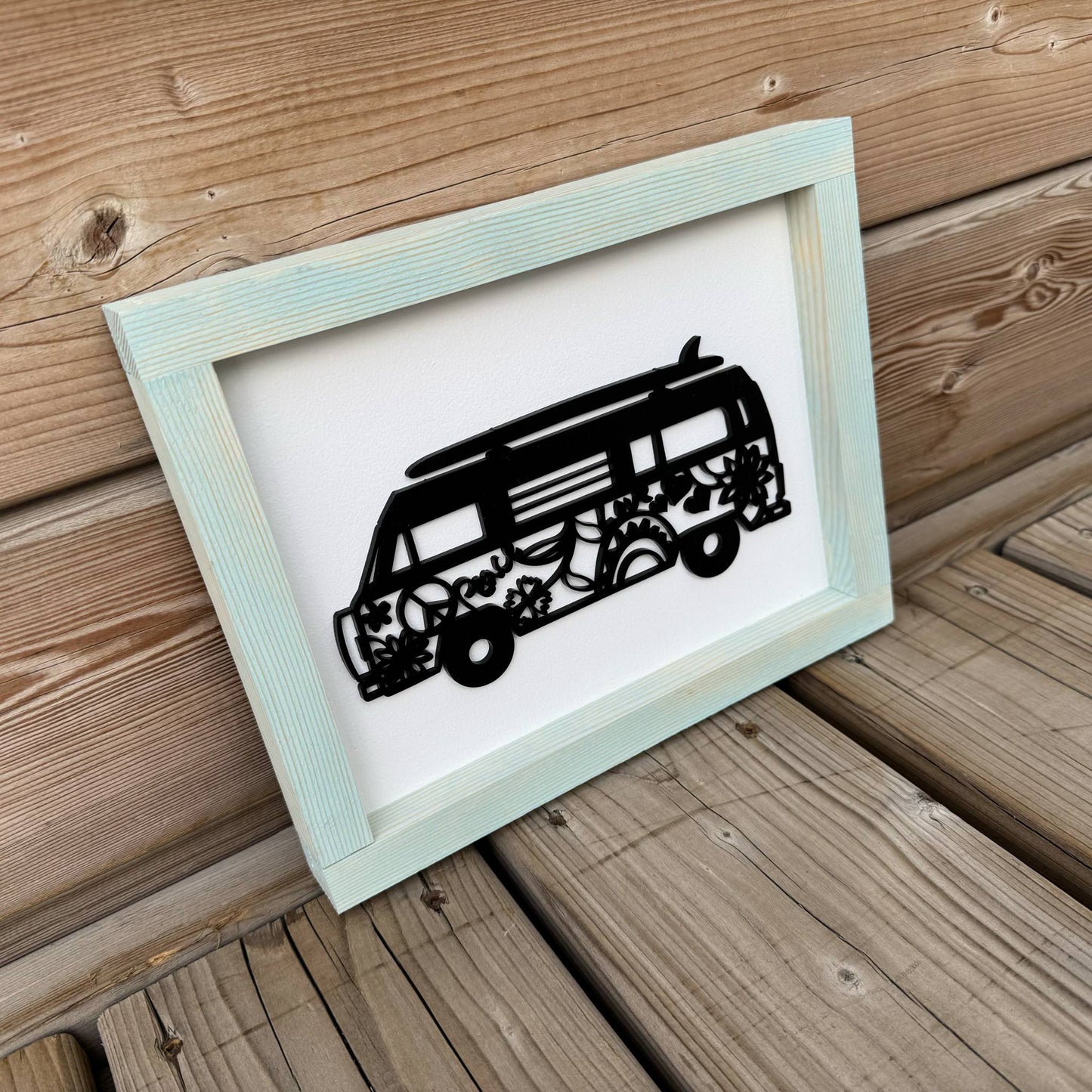Hippie Bus With Surfboard | Wood Sign