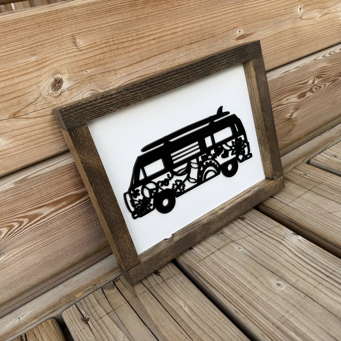 Hippie Bus With Surfboard | Wood Sign
