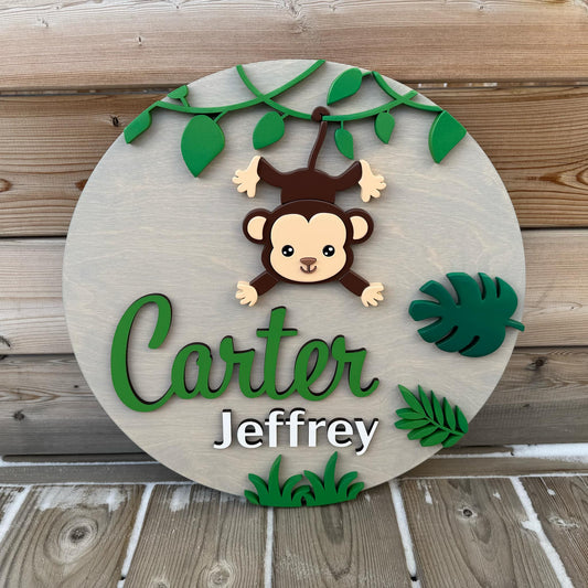 Monkey | Custom Nursery Name Round Wood Sign