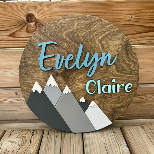 Mountains | Custom Nursery Name Round Wood Sign