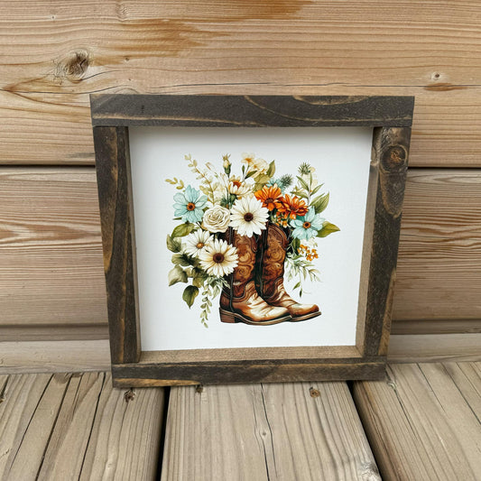 Cowboy Boot With Flowers | Wood Sign