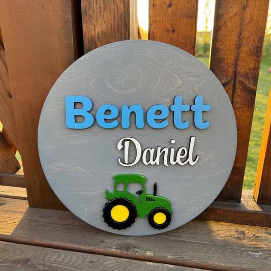 Green Tractor | Custom Nursery Name Round Wood Sign