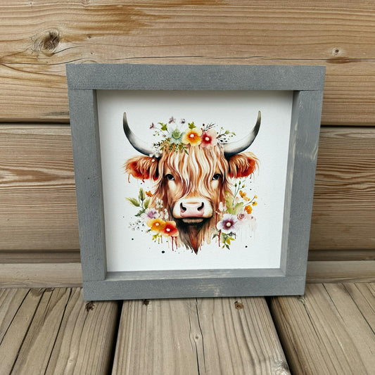 Highland Cow With Flowers | Wood Sign