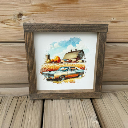 Muscle Car Farm Scene | Wood Sign