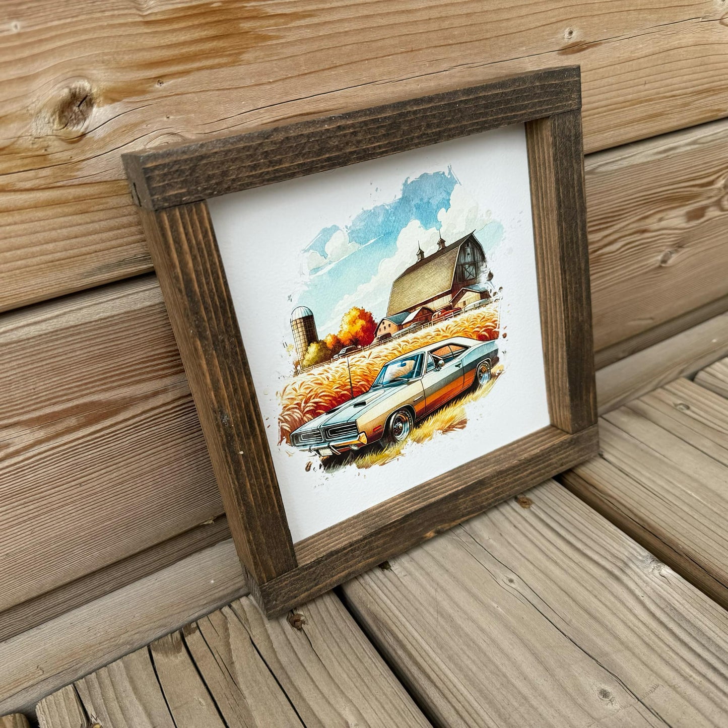 Muscle Car Farm Scene | Wood Sign