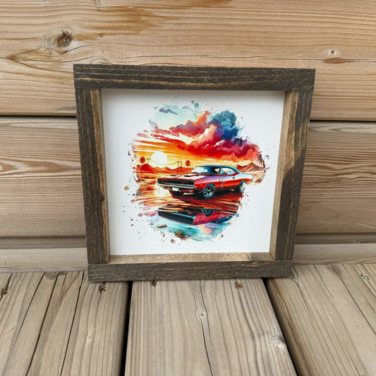 Muscle Car Sunset Scene | Wood Sign