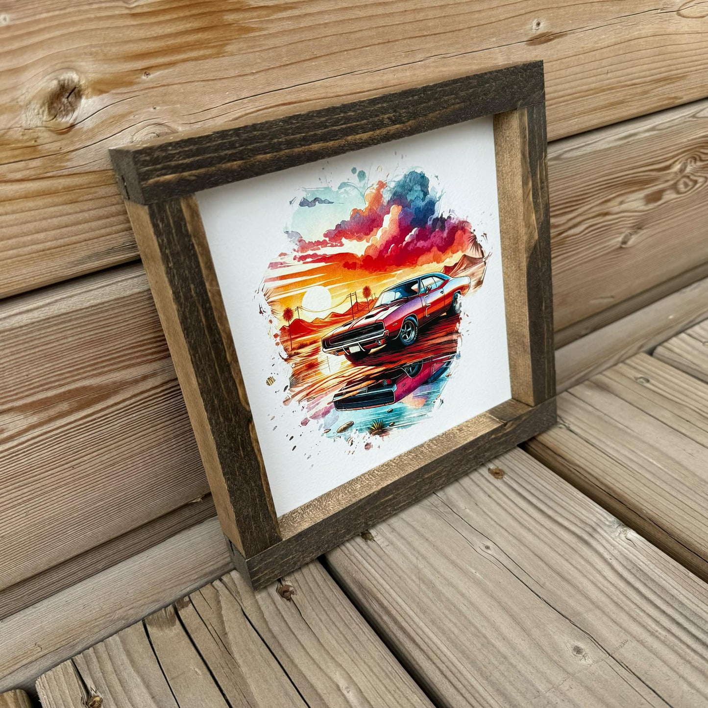 Muscle Car Sunset Scene | Wood Sign