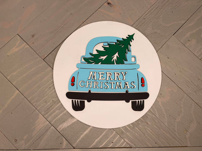 Merry Christmas Truck | Round Wood Sign