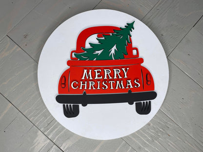 Merry Christmas Truck | Round Wood Sign