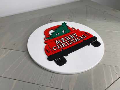 Merry Christmas Truck | Round Wood Sign