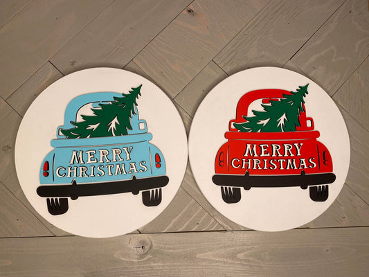 Merry Christmas Truck | Round Wood Sign